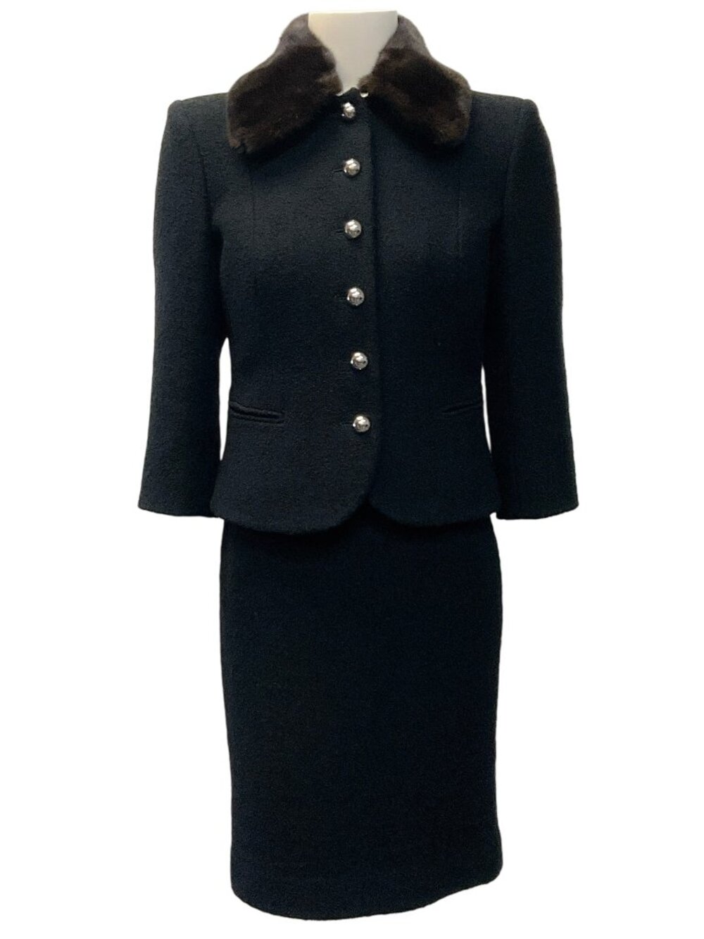 Michael Kors Collection Black Boucle Suit with Removable Mink Collar